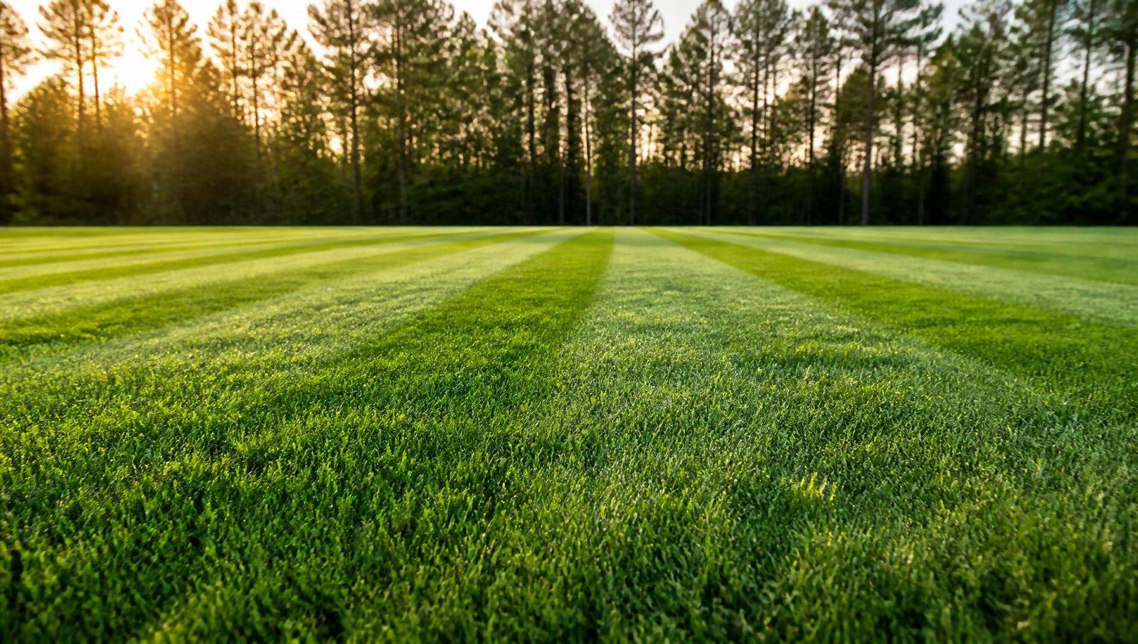 Freshly mowed lawn with mower stripes at golden hour in East Texas